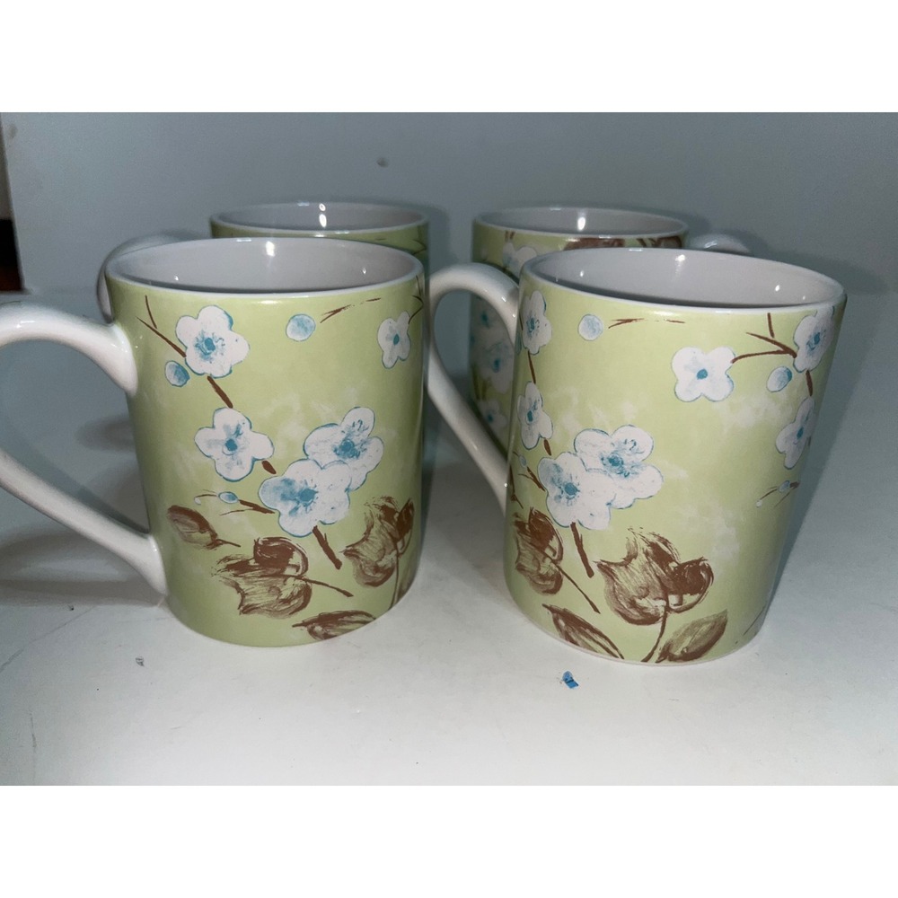 Corelle Coordinates Stoneware Mugs Set of 4 Green Floral Cherry Blossom Cup